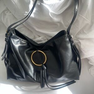 Zara Black Leather Shoulder Bag with Gold Accent